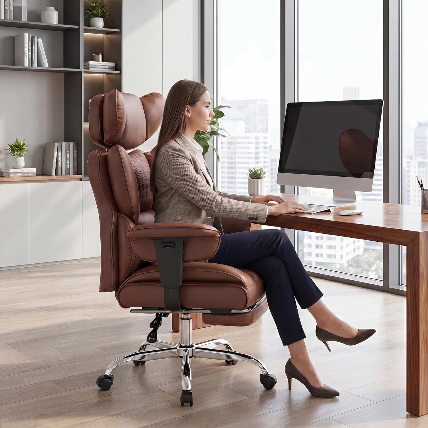 DUMOS Big and Tall Home Office Desk Chair, Gaming Computer Chair, Executive Ergonomic Chair with Footrest, High Back Reclining, Adjustable Armrests and Comfy Lumbar Support, PU Leather, Brown