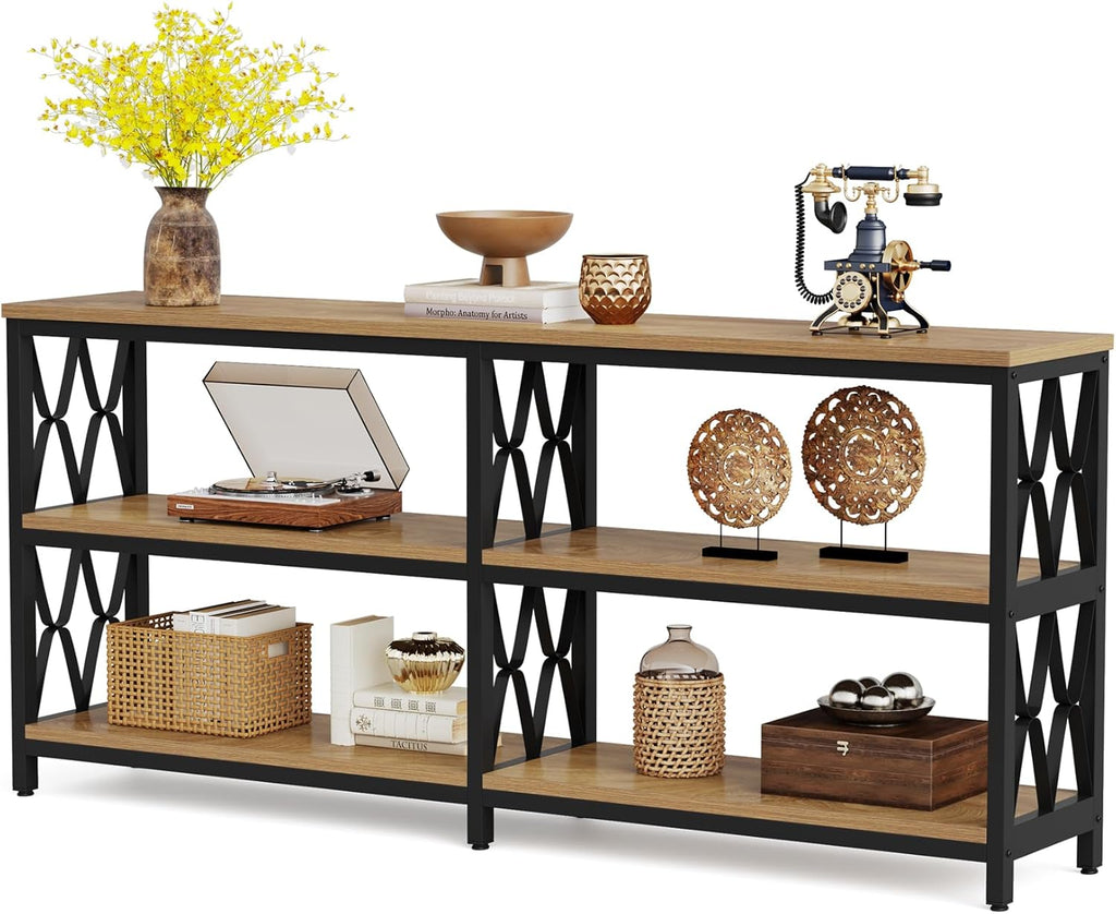 LITTLE TREE Console Table with Storage Shelves, 70.9" Industrial 3-Tier Sofa Table for Living Room, Long Foyer Table Entryway Table for Hallway, Front Door, Entrance, Natural Light Oak & Black