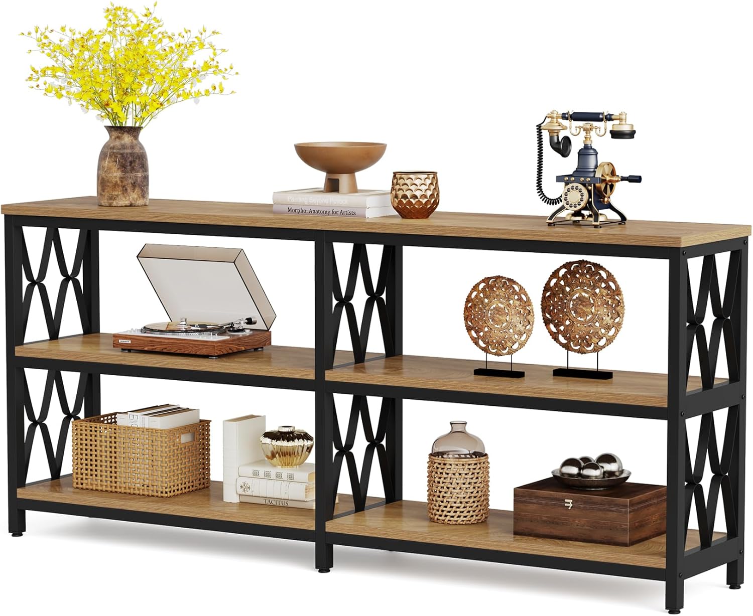LITTLE TREE Console Table with Storage Shelves, 70.9" Industrial 3-Tier Sofa Table for Living Room, Long Foyer Table Entryway Table for Hallway, Front Door, Entrance, Natural Light Oak & Black