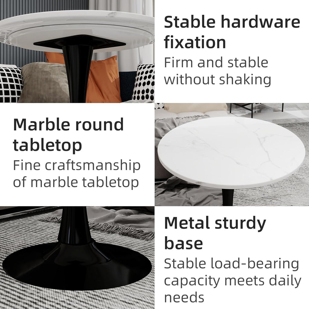 27.5" Round Side Table - White Marble Top with Tapered Pedestal Base, Modern Minimalist End Table for Living Room, Coffee Table with Sturdy Design, Easy to Clean,Black Base