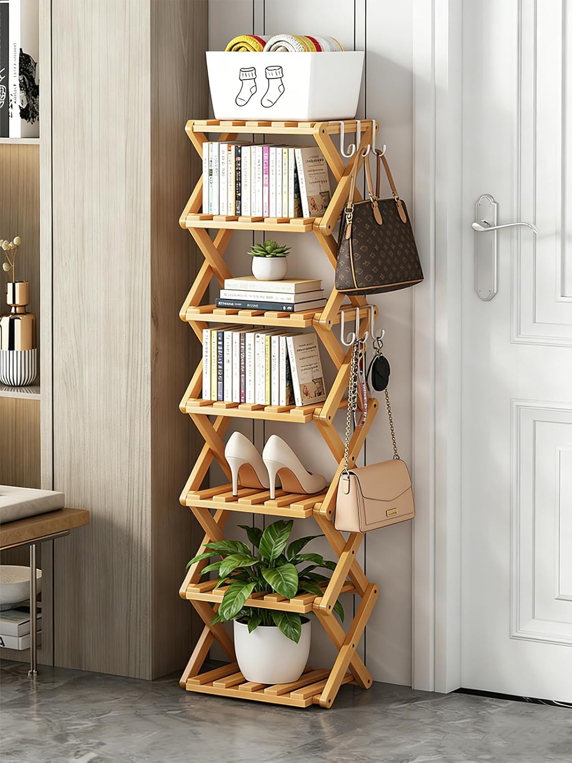 The 9-Tier No-Assembly Bamboo Rack, New Upgrade 9 Tier Bamboo Shoe Rack, Space-Saving Tall Narrow Accordion Shoe Rack for Entryway Closet Dorm (Brown-9)
