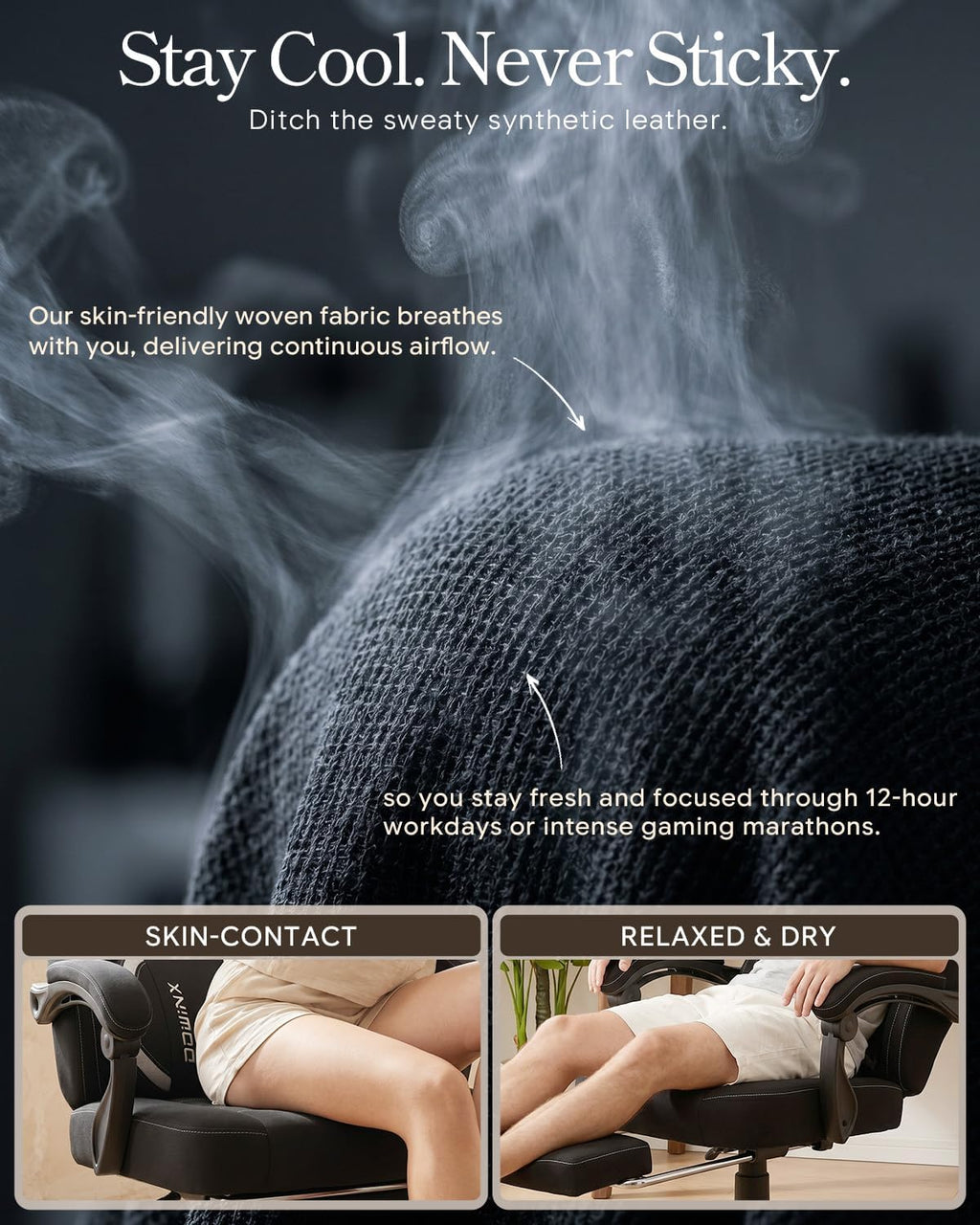 Dowinx Big and Tall Gaming Chair with Footrest, Black | Breathable woven fabric with lumbar support and extra-wide seat back; big-and-tall frame fits larger, heavier users.