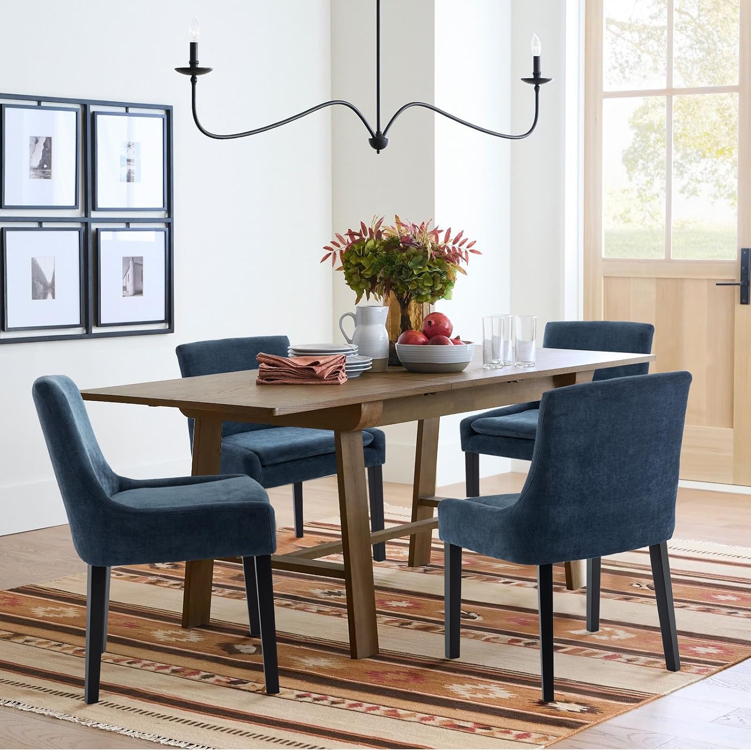 COLAMY Modern Dining Chairs Set of 2, Upholstered Accent Side Leisure Chairs with Mid Back and Wood Legs for Living Room/Dining Room-Blue