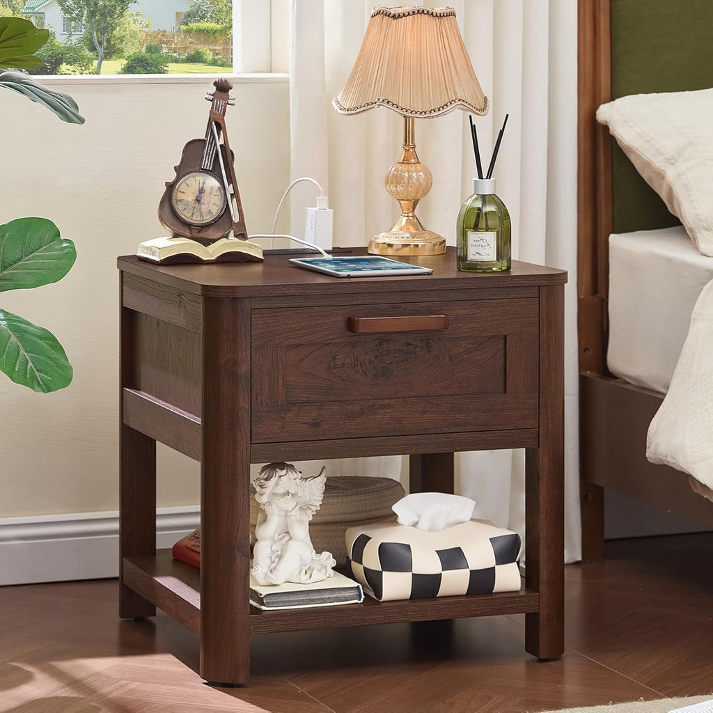 Joaxswe Farmhouse Side Tables Living Room, Small Nightstand with 1 Drawers & Open Shelving & 4 Thickened Table Legs, Walnut