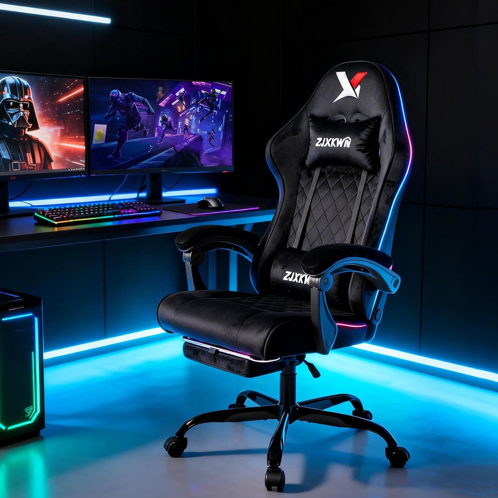 Velvet Gaming Chair, Ergonomic High Back Racing Chair with Footrest, Spring Wide Cushion, Adjustable Headrest & Lumbar Support, 90-135° Recline, 360° Swivel, 300lbs for Home Office, Black