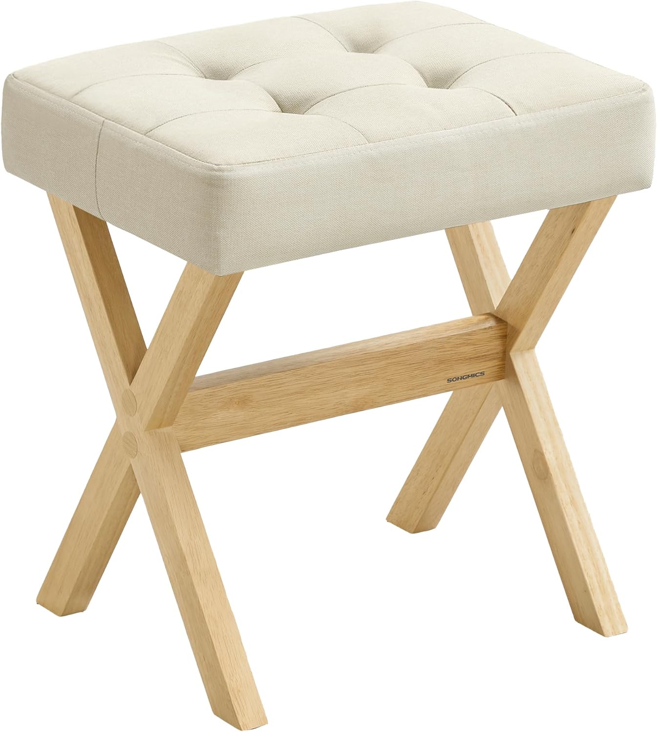 SONGMICS Makeup Stool, Padded Vanity Stool, Foot Rest, Solid Wood X Legs, for Bedroom, Closet, Entryway, 12.6 x 16.5 x 18.1 Inches, Summer Sand and Natural Beige ULSF006LF02