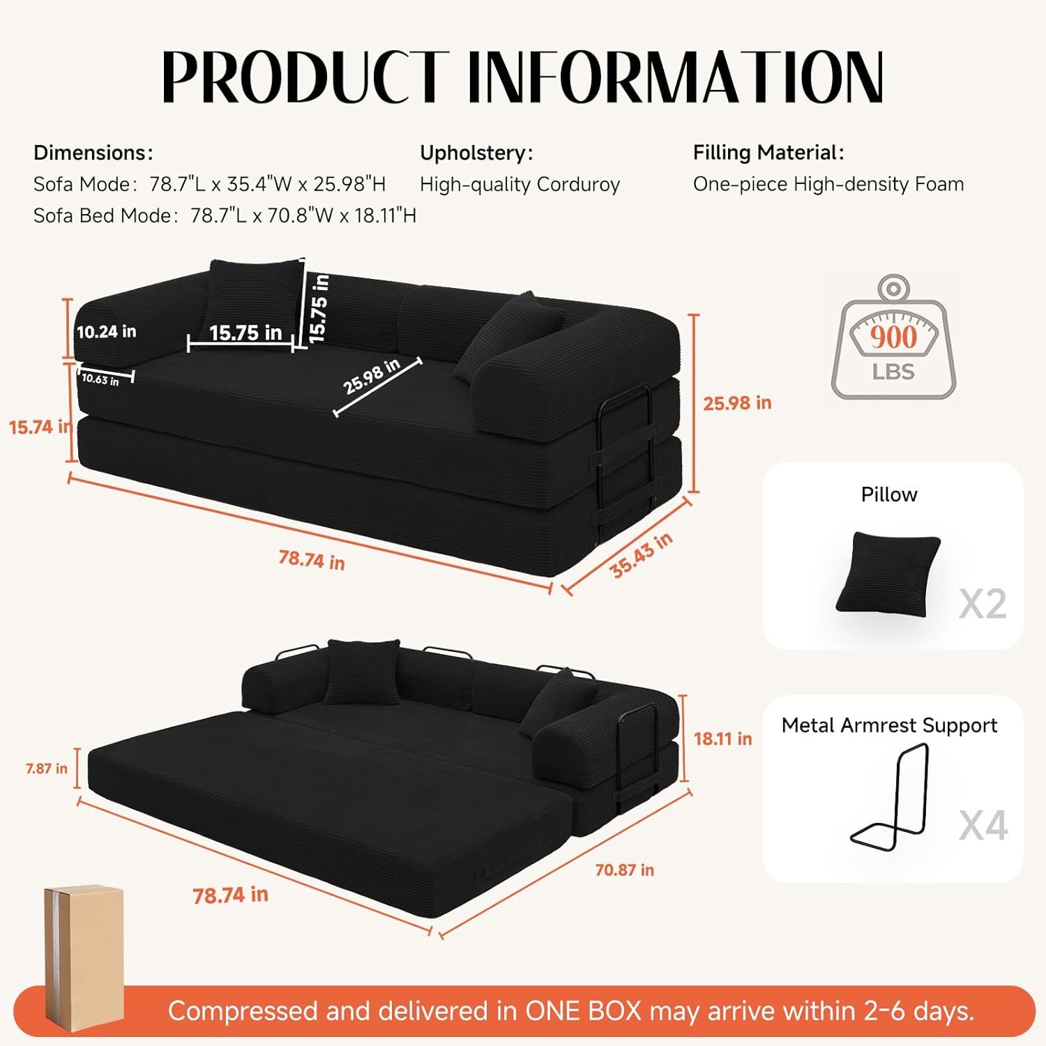 79'' Convertible Sofa Bed, Boneless Couch-in-a-Box, Corduroy Floor Futon Loveseat Sleeper, 26'' Deep Seat, Removable Machine-Wash Covers, No Assembly, 2 Pillows, Black