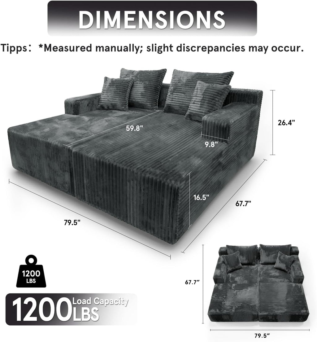Sytopia Loveseat Chaise Lounge with Armrests, Oversized Sofa Bed with 4 Pillows, Cozy Boneless Sleeper, Modular Sectional Couch for Living Room Bedroom, Floor Chair Furniture sala Corduroy