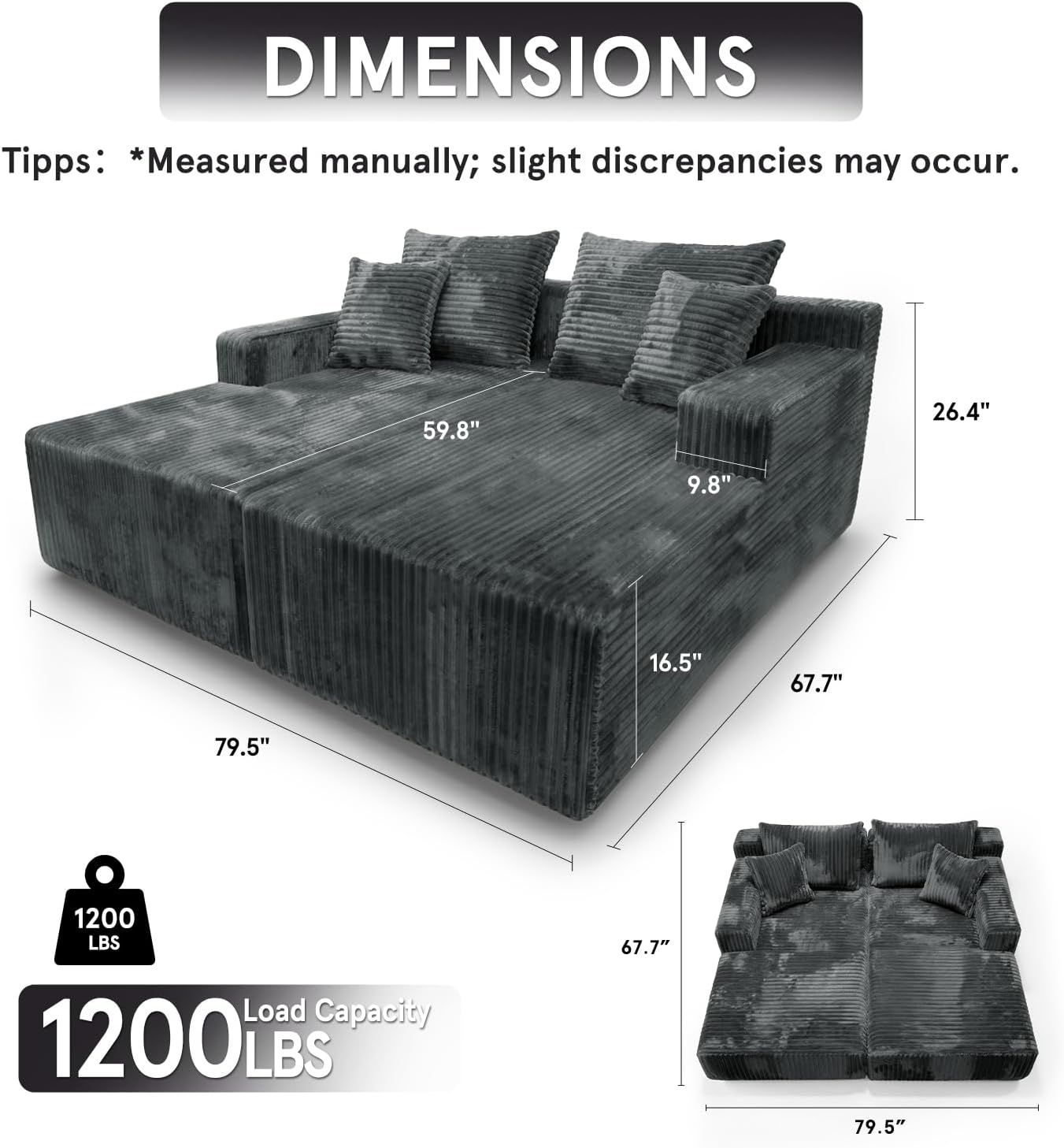 Sytopia Loveseat Chaise Lounge with Armrests, Oversized Sofa Bed with 4 Pillows, Cozy Boneless Sleeper, Modular Sectional Couch for Living Room Bedroom, Floor Chair Furniture sala Corduroy