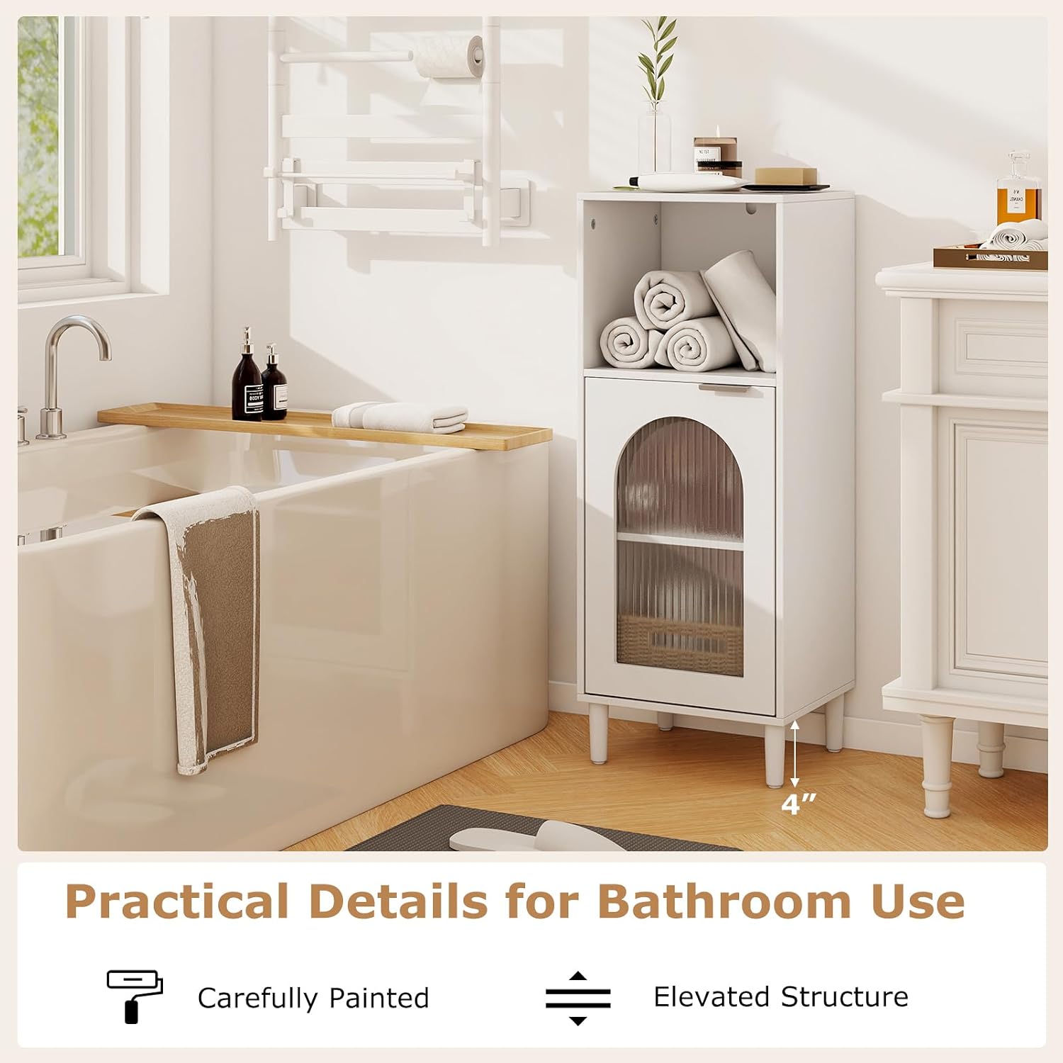 Tangkula Bathroom Floor Cabinet, Wood Side Storage Organizer with Adjustable Shelf, Tempered Glass Door, Anti-Tipping Kit & Solid Wood Legs, Narrow Cabinet for Living Room (White, 14” x 12” x 35.5”)