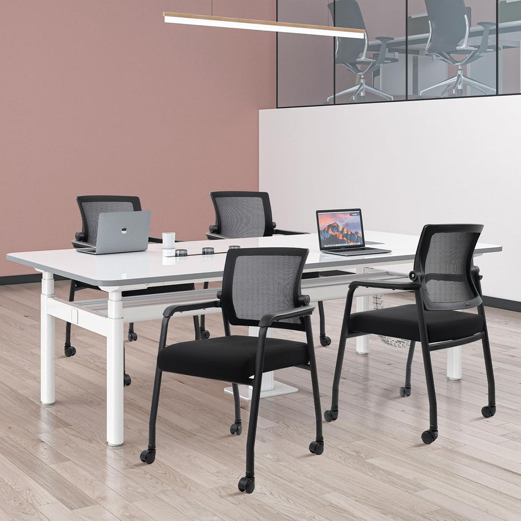 KLASIKA Ergonomic Mesh Back Armchairs with Non-Slip Mute Casters and Upholstered Fabric Thickened Seat, Reception Guest Chair with Lumbar Support for School Church Office Conference Room, Black 8Pack