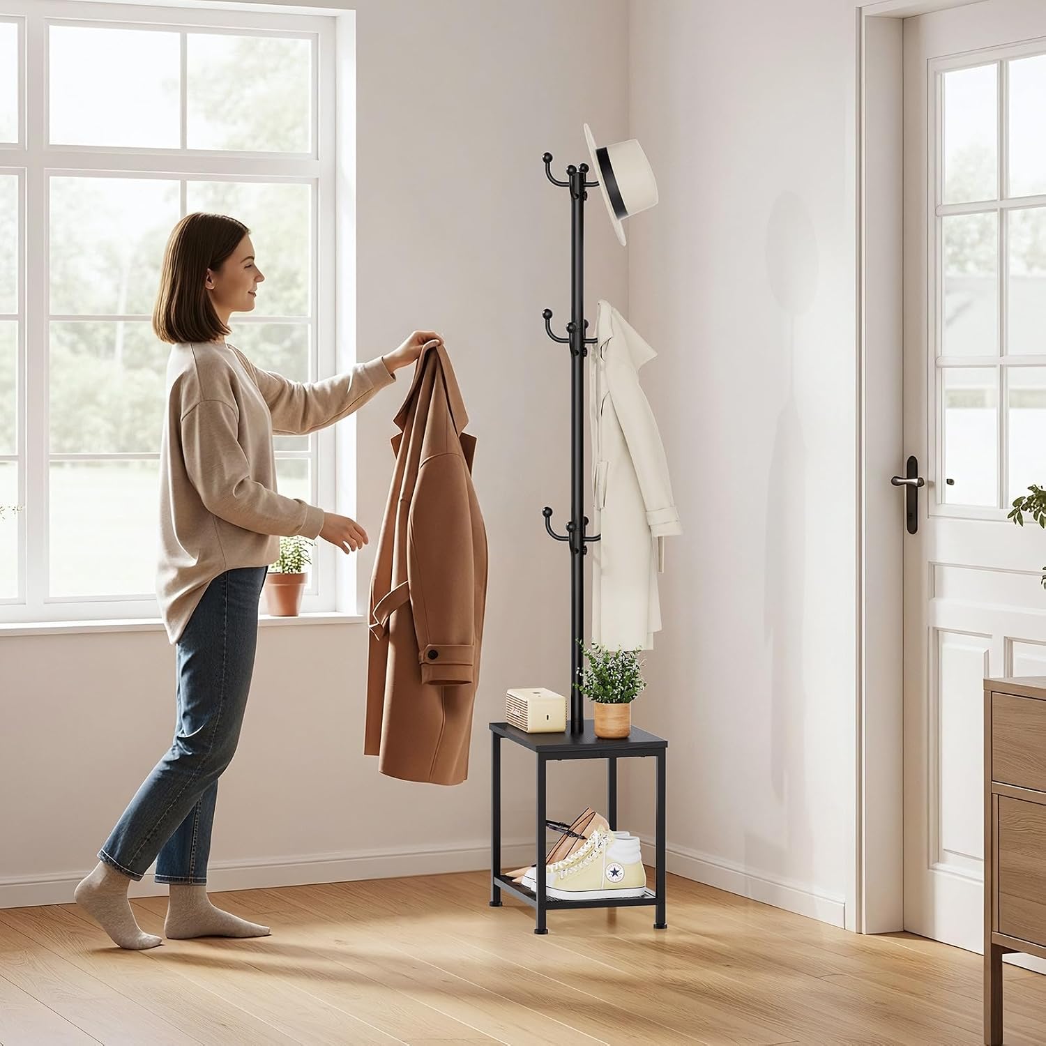 Hall Tree with Bench and Shoe Storage, Coat Rack Freestanding Coat Rack Shoe Bench, Corner Coat Hanger Stand Standing Hat Rack, Tree Stand Purse Rack Tree Black Coat Racks with Shelf