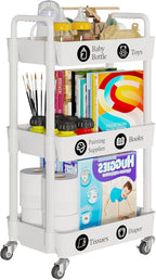 Laiensia 3-Tier Rolling Cart with Wheels,Multifunction Utility Storage Carts, Kitchen Storage Organizer,Mobile Shelving Unit for Bathroom,Laundry,with Classified Stickers,White