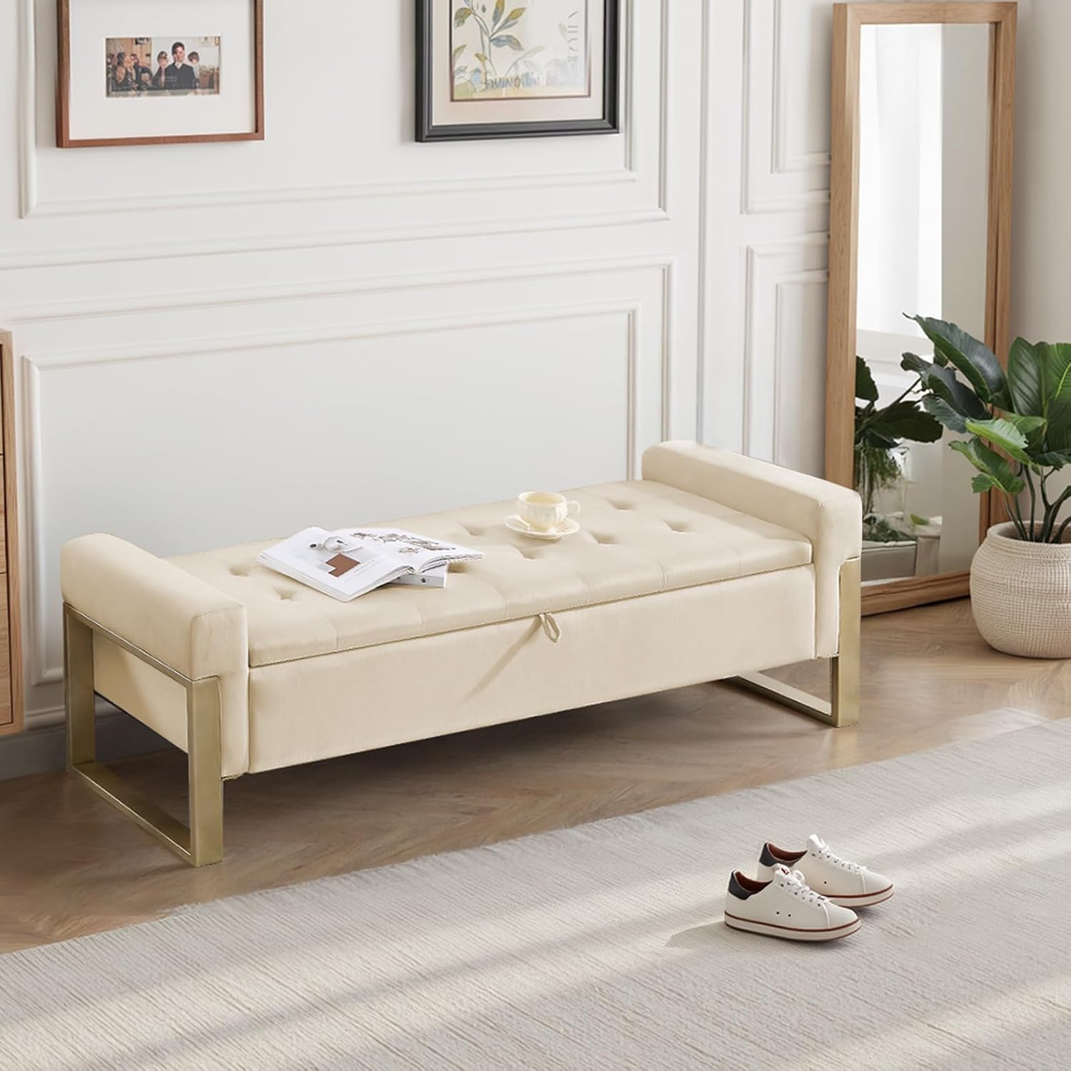 End of Bed Storage Bench, 67'' Bench for Bedroom Foot of Bed King Size, Modern Velvet Storage Ottoman Benches with Gold Legs for Windows Living Room, Beige
