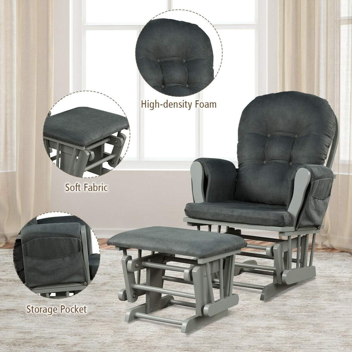 Nursery Rocking Chairs Nursery Glider Rocking Chair Wood Baby Rocker with Ottoman Cushion Upholstered Nursing Chair with Padded Arms (Gray)