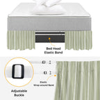 Boho Sage Green Bed Skirt Queen Size 16 Inch Drop, Adjustable & Elastic Wrap Around Bed Skirts Pleated Luxury Dust Ruffles for Twin Full Queen Cal King Base Bed, Minimalist Farmhouse Striped