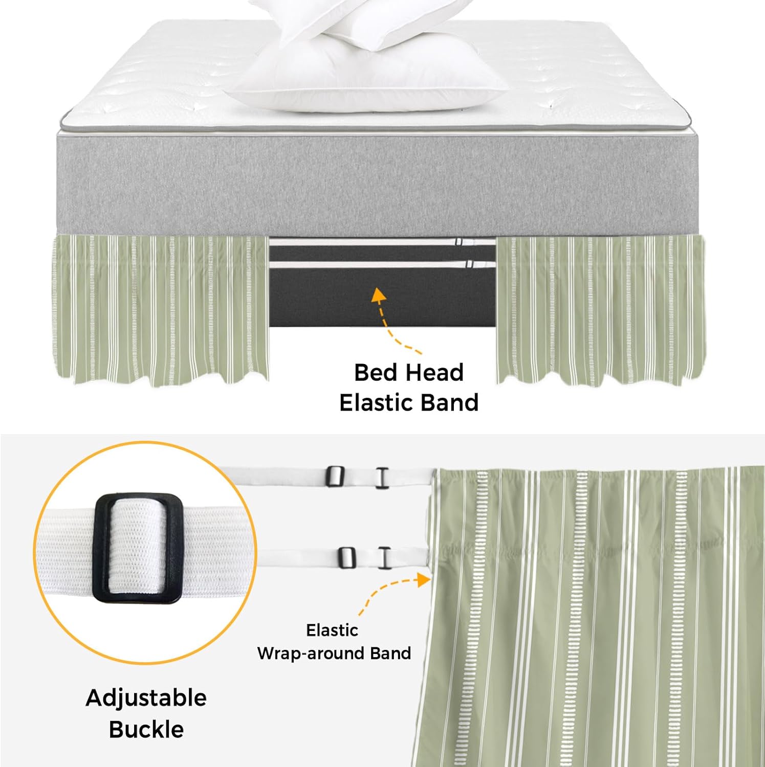 Boho Sage Green Bed Skirt Queen Size 16 Inch Drop, Adjustable & Elastic Wrap Around Bed Skirts Pleated Luxury Dust Ruffles for Twin Full Queen Cal King Base Bed, Minimalist Farmhouse Striped