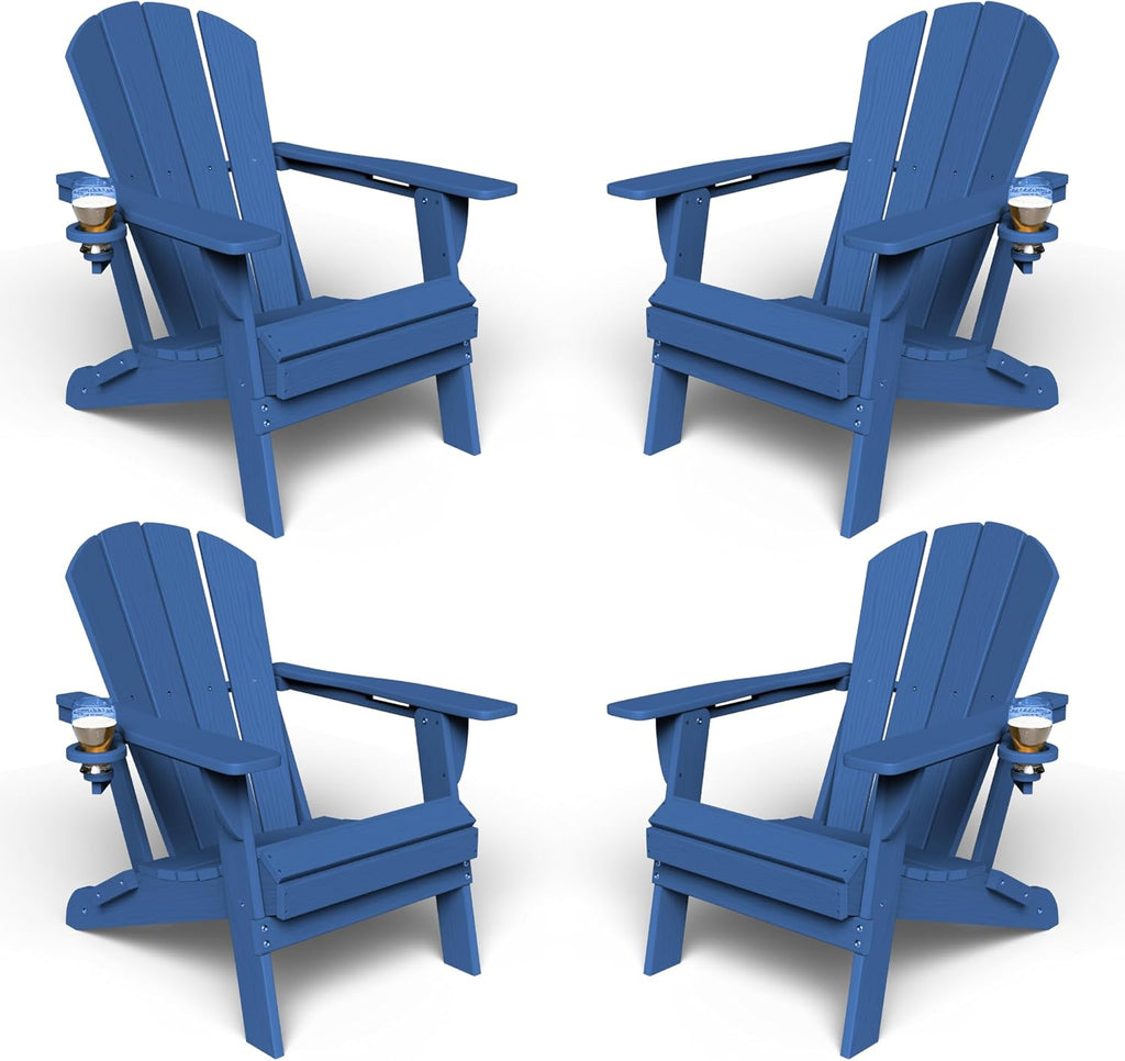 Kingdura Foldable Adirondack Chairs Set of 4, Portable HDPE All Weather Resistant Outdoor Patio Chair, Wooden Textured with Cup Holder, 380LBS Capacity for Poolside, Backyard, Fire Pit (Navy Blue)
