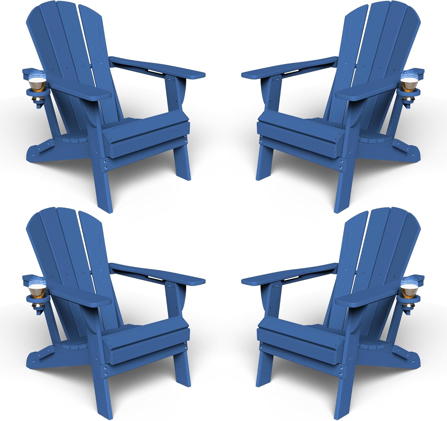 Kingdura Foldable Adirondack Chairs Set of 4, Portable HDPE All Weather Resistant Outdoor Patio Chair, Wooden Textured with Cup Holder, 380LBS Capacity for Poolside, Backyard, Fire Pit (Navy Blue)