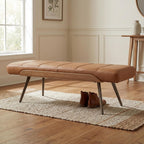 CIMOTA Mid-Century Modern Upholstered Bench, Upholstered Ottoman Bench with Solid Wood Trim and Bronze Metal Legs, 49.5" Accent Bench for Bedroom, Entryway, Living Room, End of Bed, PU Brown