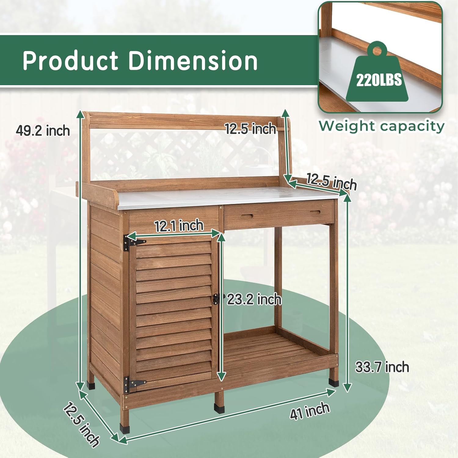 Potting Bench Table Work Bench with Storage Cabinet Outdoor Wooden Garden Workstation with Metal Tabletop/Drawer/Hooks/Open Shelf(41" LX 12.5" W X 49.2" H)