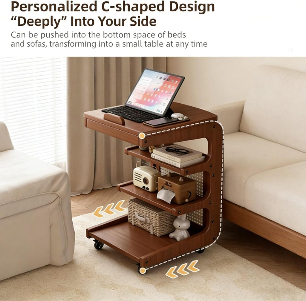 Solid Wood C Shaped End Table with Wheels,3 Layer Small Rolling Side Table Storage Rack,Couch Table with Adjustable Desktop,Mobile Storage Cabinet for Living Room and Bedroom,Brown,24.8in