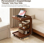 Solid Wood C Shaped End Table with Wheels,3 Layer Small Rolling Side Table Storage Rack,Couch Table with Adjustable Desktop,Mobile Storage Cabinet for Living Room and Bedroom,Brown,24.8in