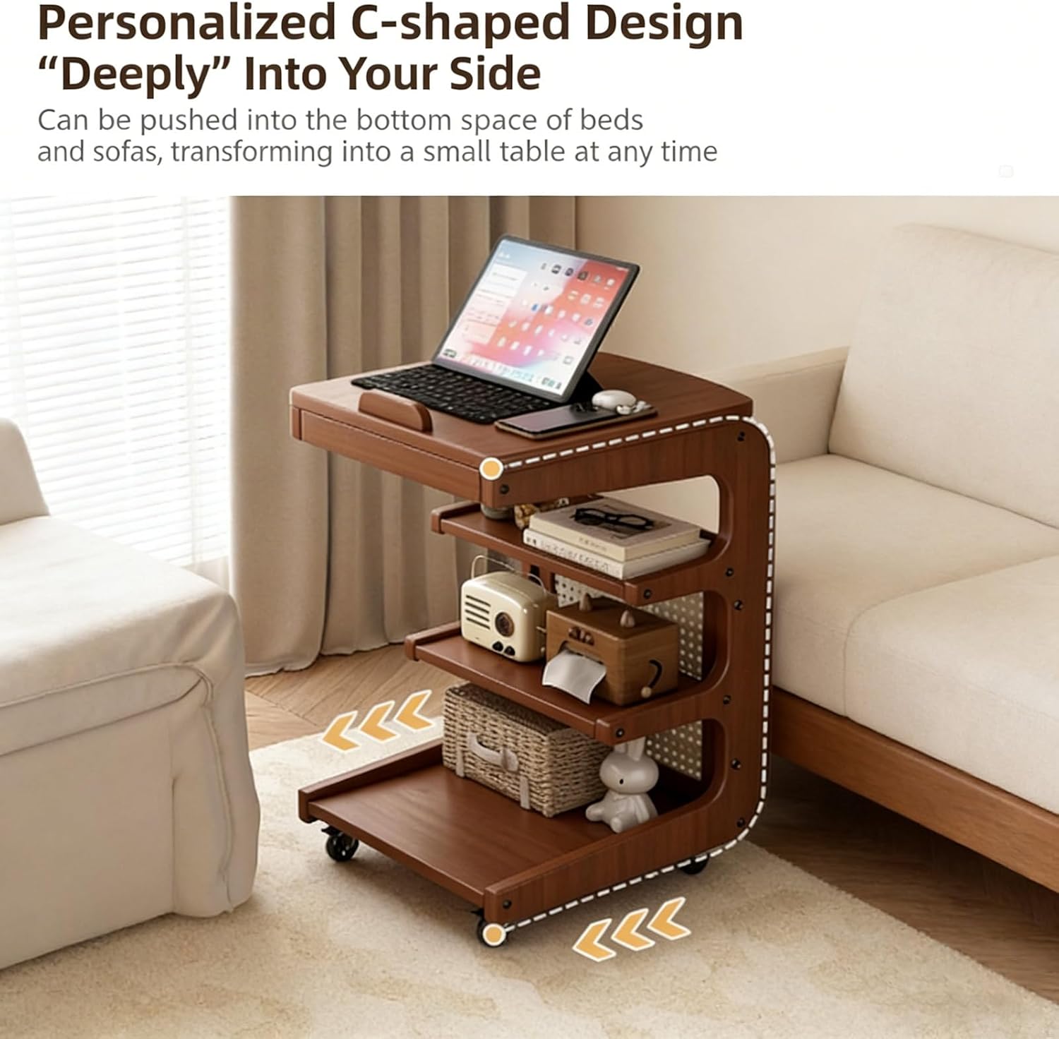 Solid Wood C Shaped End Table with Wheels,3 Layer Small Rolling Side Table Storage Rack,Couch Table with Adjustable Desktop,Mobile Storage Cabinet for Living Room and Bedroom,Brown,24.8in