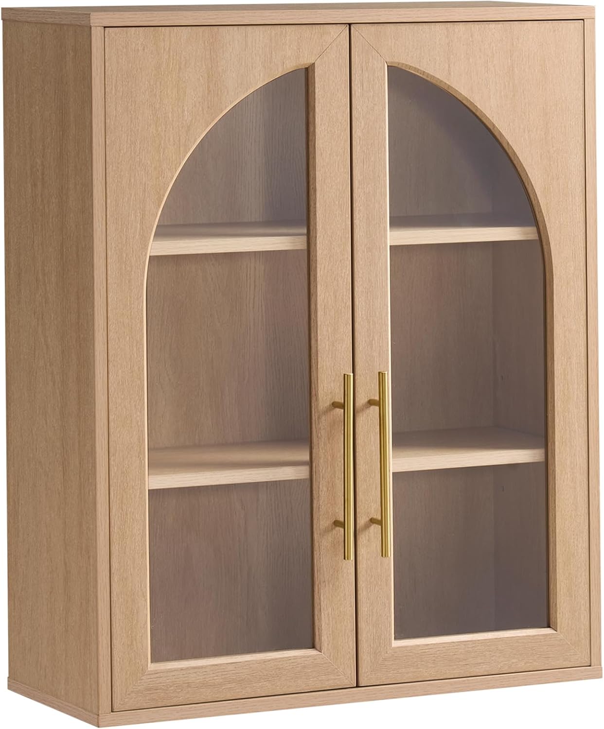 Bathroom Wall Cabinet, 23.5×31.4'' Storage Cabinet, Arched Cabinet Wall Mount with Adjustable Shelf & Glass Doors, Medicine Cabinet for Laundry Room, Bathroom, Kitchen, Living Room,Natural Oak