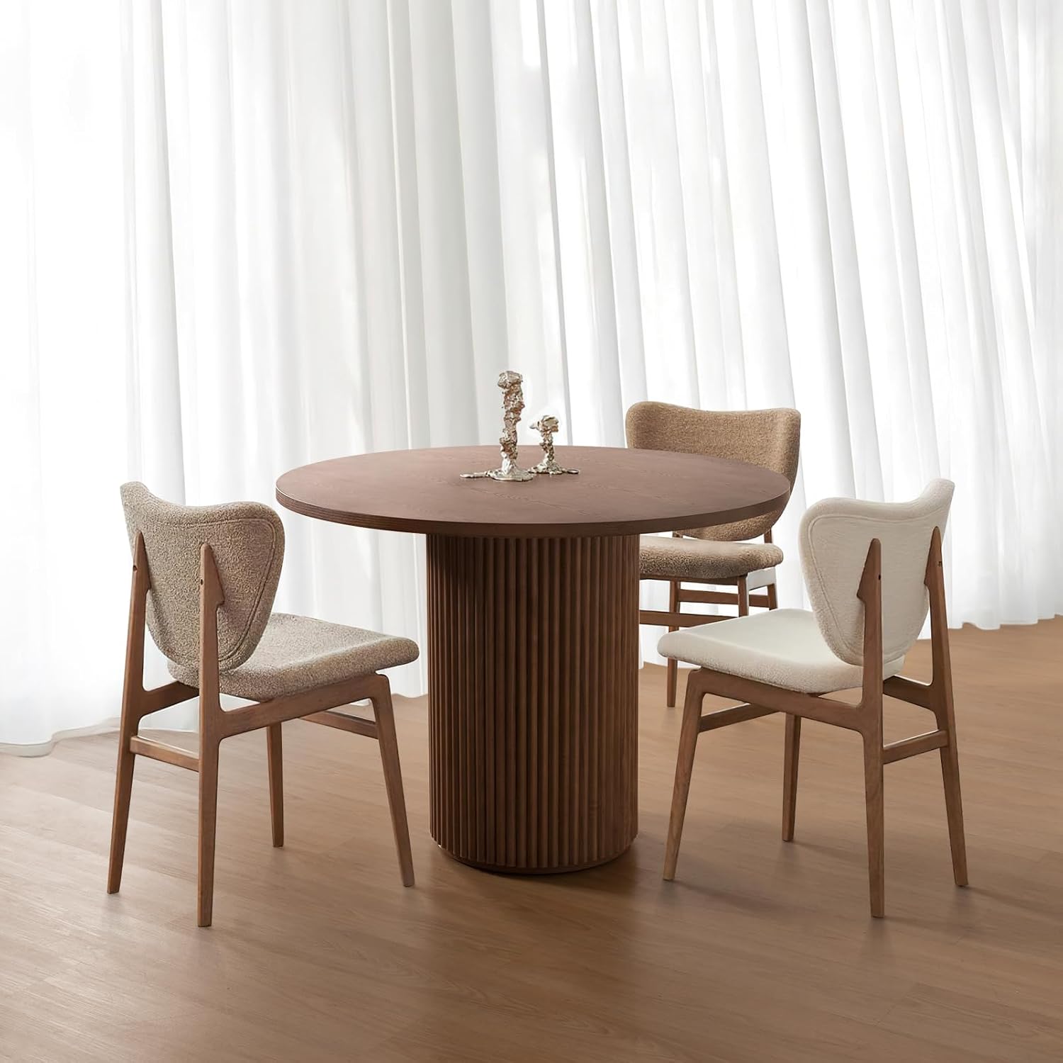 Modern Round Pedestal Dining Table with Solid Wood Base, 35'' Fluted Walnut Table for Kitchen or Small Dining Space