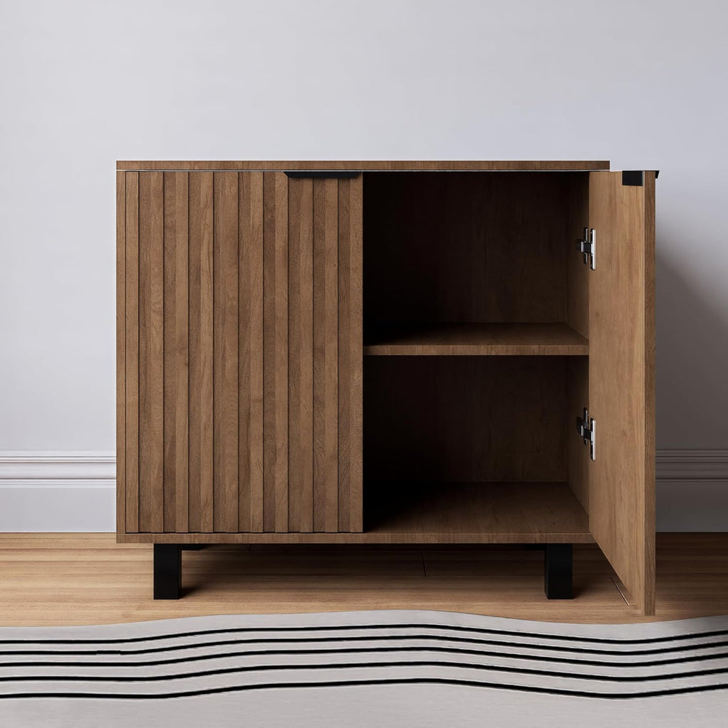 Sideboard Buffet Cabinet Storage for Entryway with Doors, Modern Fluted Shoe Organizer with Adjustable Shelves, Freestanding Hidden Shoe Rack with Black Metal Legs for Front Door Entrance, Living Room