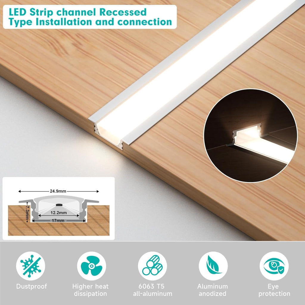 10-Pack 6.6ft/2Meter Silver Recessed LED Aluminum Channel for LED Strip Lights Diffuser Channel with Milky Cover End Caps and Mounting Clips, Flush Mounted LED Track for Ceiling Under Cabinet Closet.