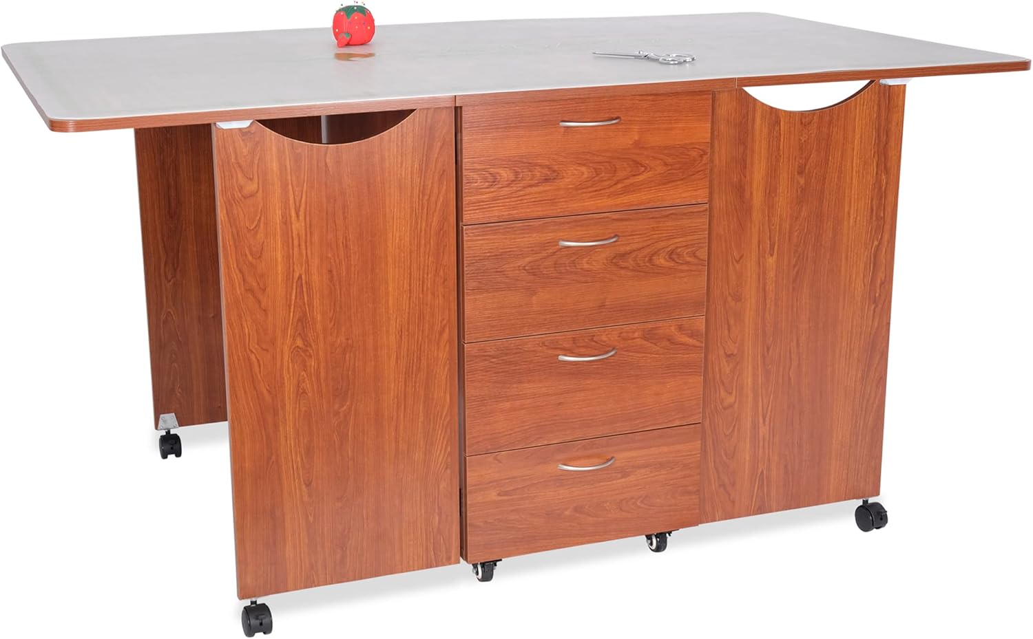Kangaroo Kookaburra Cutting Table – Large Sewing, Quilting & Craft Workstation with Expandable 70” x 40” Surface, Storage Drawers, Shelves & Rolling Locking Casters, Teak Finish