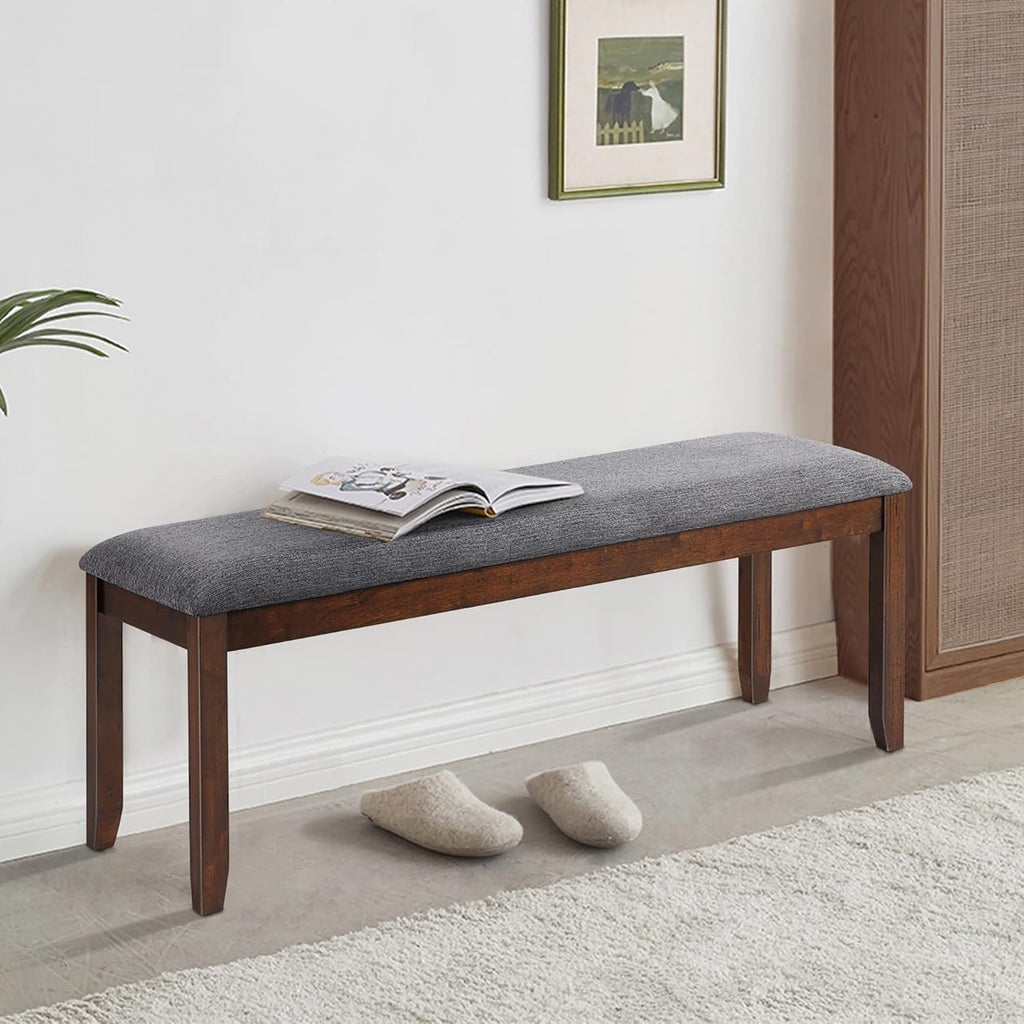 DORTALA Dining Bench, Upholstered Long Bench w/Natural Rubber Wood Legs, Foam-Padded Cushion, Linen Fabric Bench, Rustic Style for Dining Room, Kitchen, Living Room, Grey and Brown