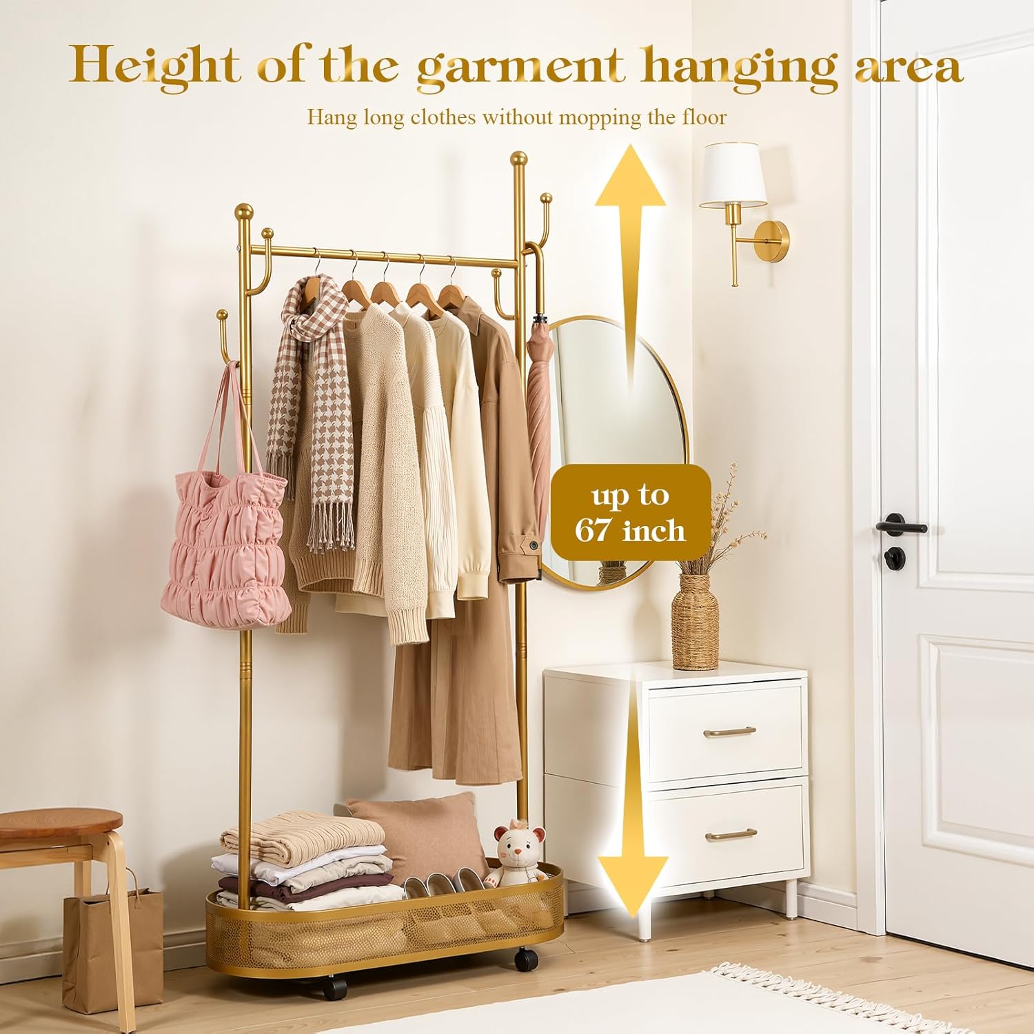 Cuteam Rolling Clothes Rack, Freestanding Metal Clothing Rack with Lockable Wheels, Mesh Storage Basket, Hooks, Movable Coat Rack for Bedroom Living Room (Golden)
