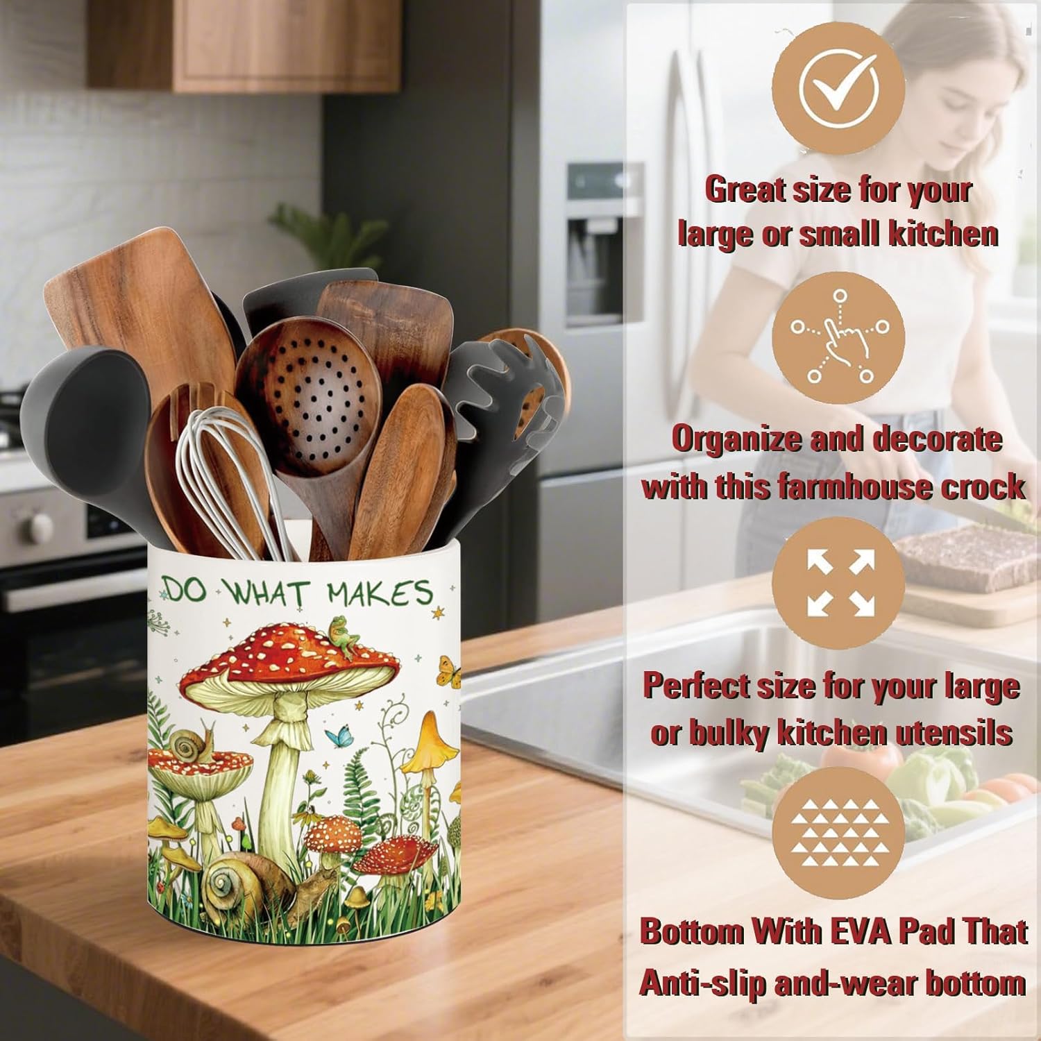 Mushroom Kitchen Decor, 6.5inch Ceramic Utensil Holder with Mushroom Design, Rustic-Style Indoor Kitchen Utensil Storage Rack, Ideal for Spoon Storage and Cooking Tools, Gift for Kitchen Organizers