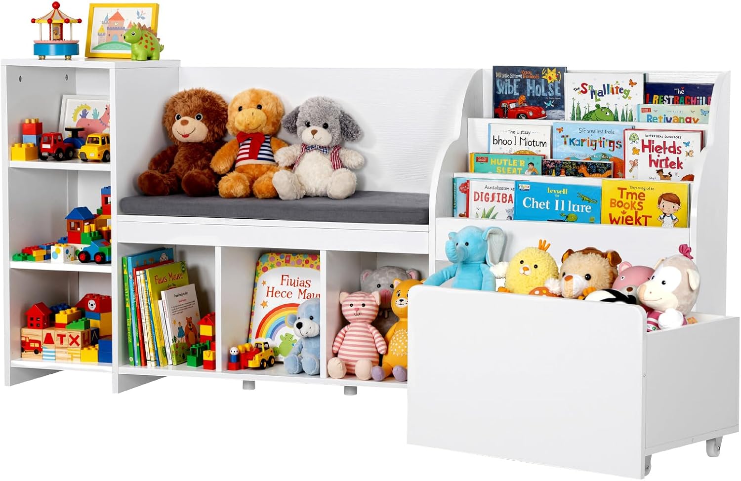 VEVOR Kids Reading Nook, Wooden Storage Bench with Backrest, Kids Bookshelf & Toy Organizer, Large Toy Box Chest for Playroom, Living Room or Entryway, Easy Assembly, 66.9 x 15.8 x 31.5 in, White