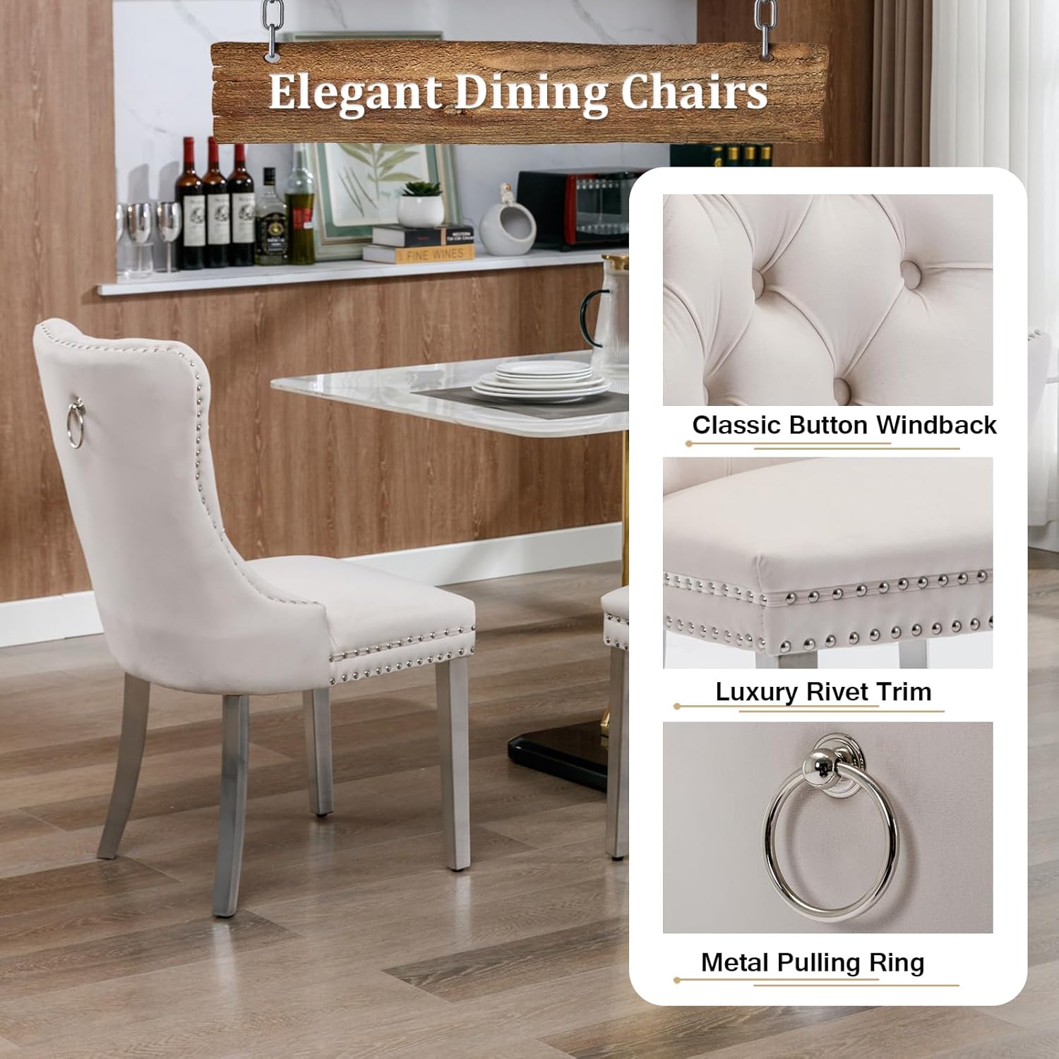 7 Piece Dining Table Set with 6 Beige Dining Chairs, Modern Glass Kitchen Table and Chairs Set for 6, 70" Rectangle Silver Glass Pedestal Dining Room Tables with Ring-Shape Stainless Steel Base