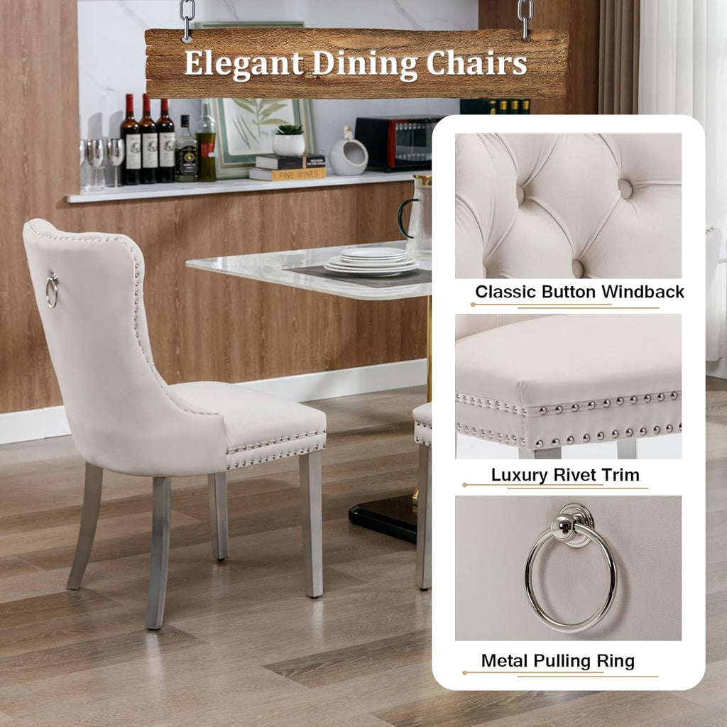 Glass Dining Table Set for 4, Modern Kitchen Table and Chairs Set of 4, 5-Piece Kitchen Dining Room Table Set w/61 Glass Silver Dining Table and 4 Beige Velvet Upholstered Chairs