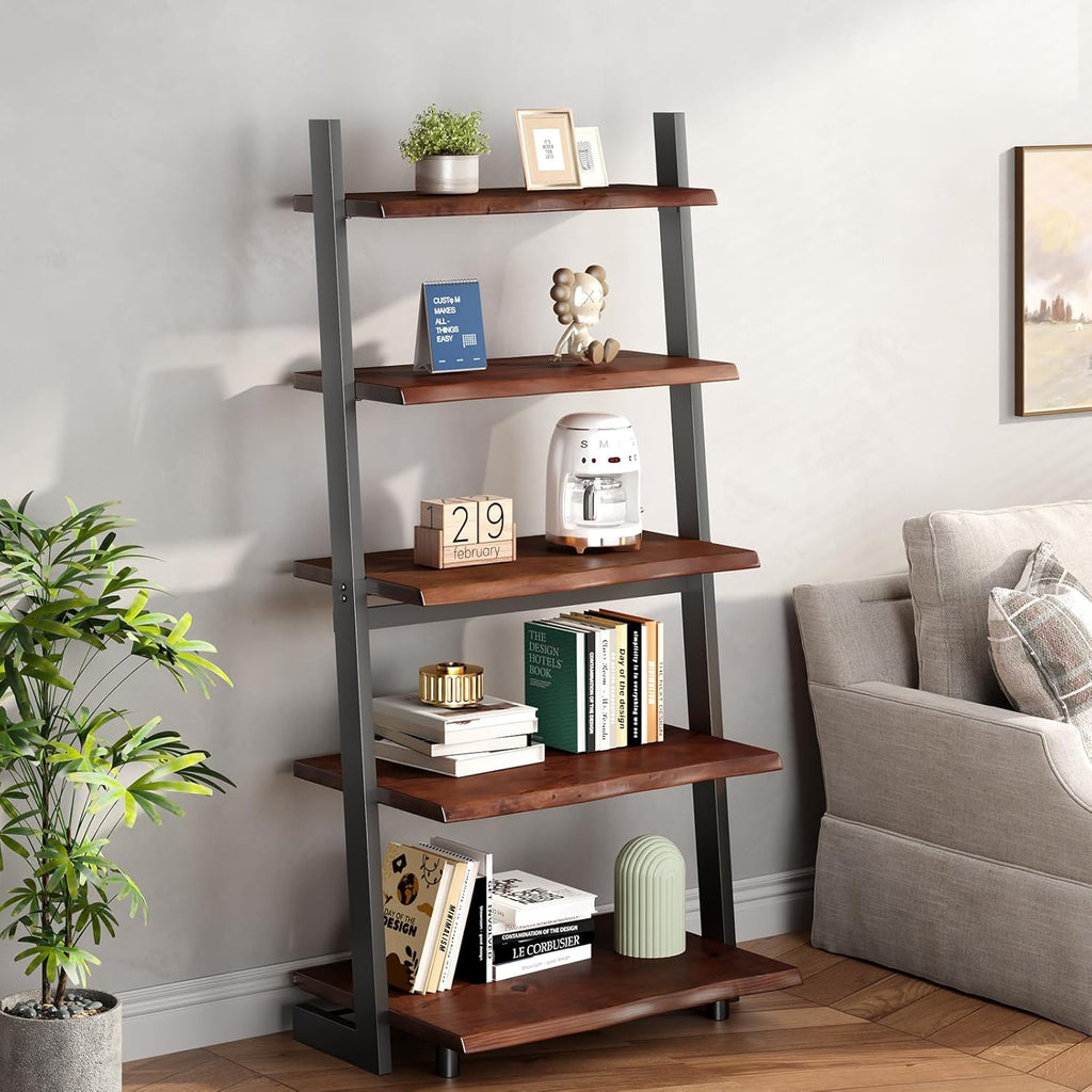 IBF 5-Tier Solid Wood Ladder Bookshelf with Natural Live Edge, Rustic Walnut Storage & Display Leaning Bookcase, Modern Space-Saving Shelf for Living Room, Bedroom, Home Office