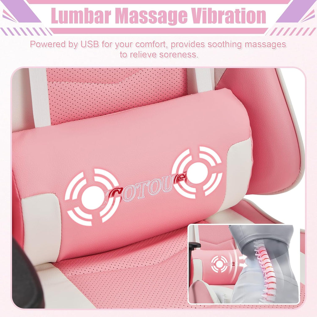 ECOTOUGE PC Gaming Chair Massage Ergonomic Office Desk Chair Racing PU Leather Recliner Swivel Rocker with Headrest and Lumbar Pillow, Pink-White