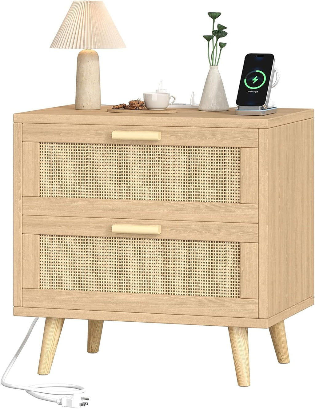 Keehusux 23.6" W Rattan Nightstand with Charging Station and 2 Drawers | Large Bedside Table, Wooden End Table with Solid Wood Legs, Boho Night Stand for Bedroom, Natural Oak KES009MECTG