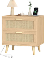Keehusux 23.6" W Rattan Nightstand with Charging Station and 2 Drawers | Large Bedside Table, Wooden End Table with Solid Wood Legs, Boho Night Stand for Bedroom, Natural Oak KES009MECTG