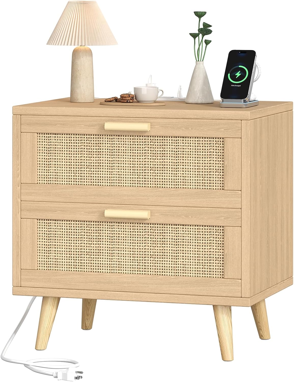 Keehusux 23.6" W Rattan Nightstand with Charging Station and 2 Drawers | Large Bedside Table, Wooden End Table with Solid Wood Legs, Boho Night Stand for Bedroom, Natural Oak KES009MECTG