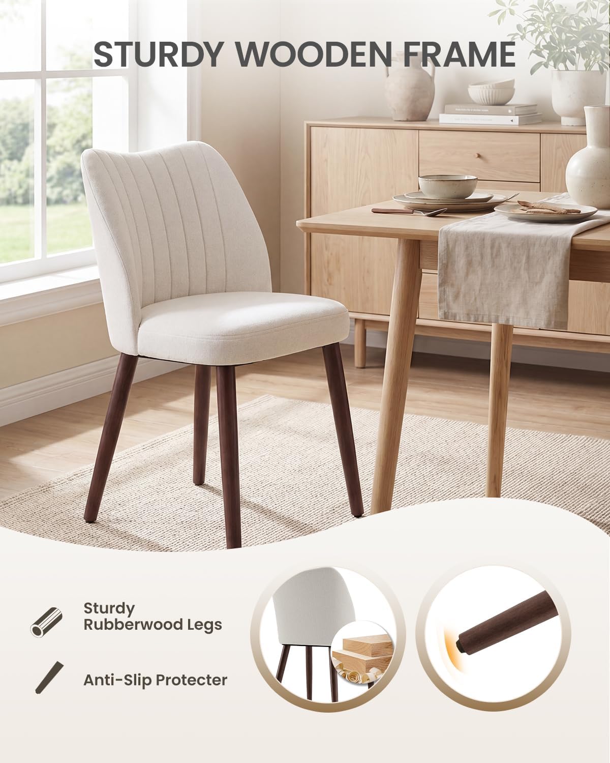 Upholstered Dining Chairs Set of 4, Farmhouse Fabric Kitchen Chairs with Solid Wood Legs, Modern Dining Room Chairs for Restaurant & Cafe, Beige