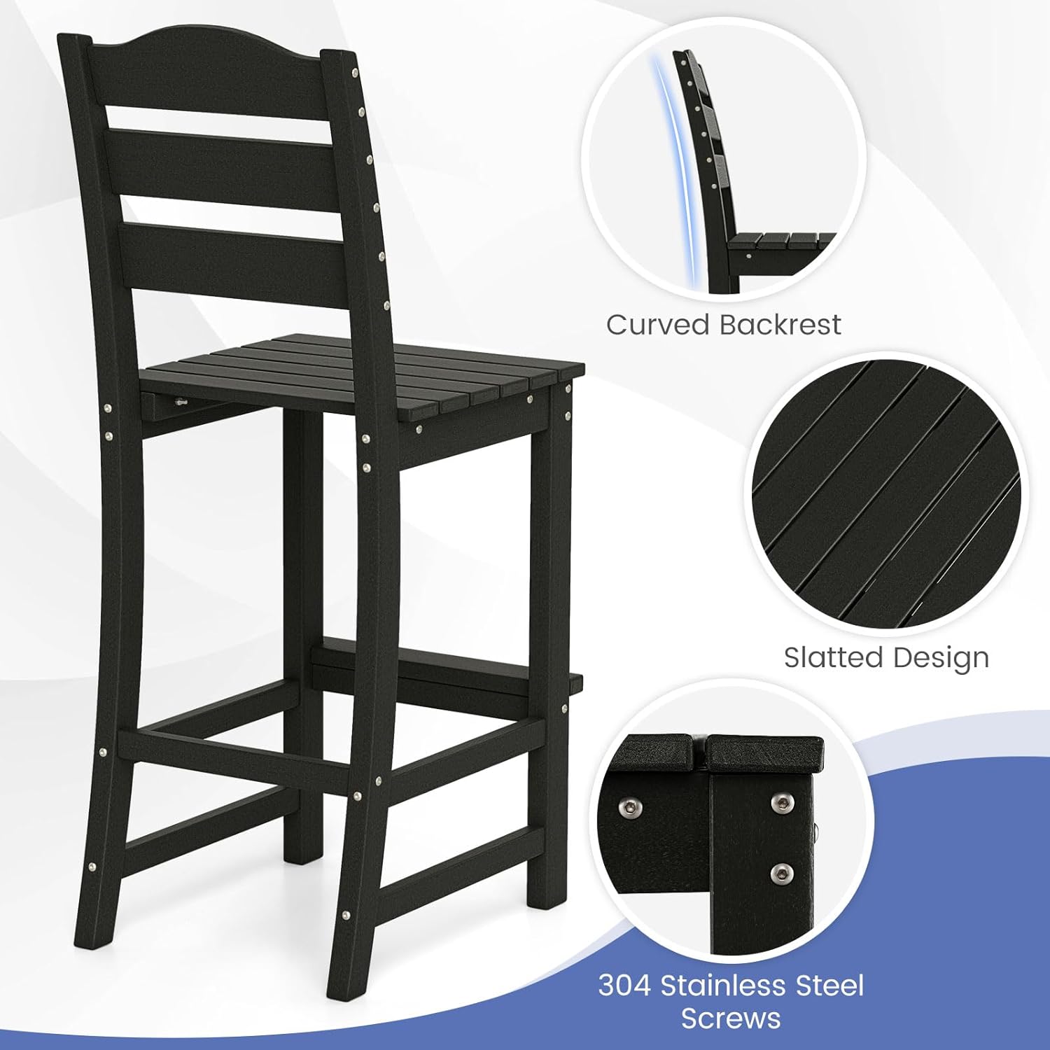 Tangkula Patio HDPE Barstool, Outdoor High Top Bar Chair w/Backrest & Footrest, All-Weather Wood-Plastic Bar Height Chair for Poolside, Backyard, Porch (4, Black)