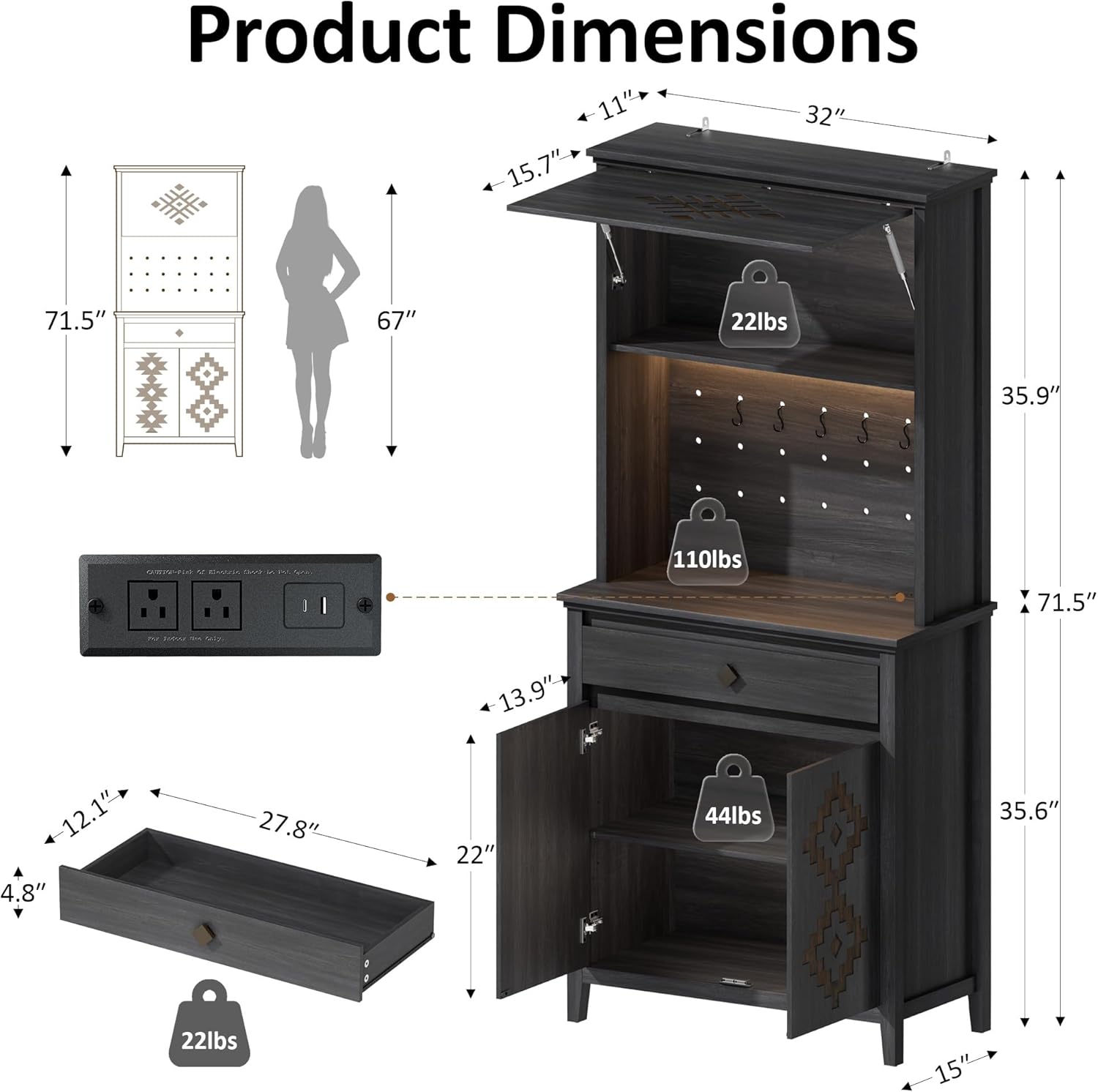 72" Tall Kitchen Pantry with Hydraulic Flip Up Door, Storage Cabinet with LED Lights & Charging Station, Drawer and Adjustable Shelves, Cupboard for Kitchen, Dining Room, and Hallway, Black