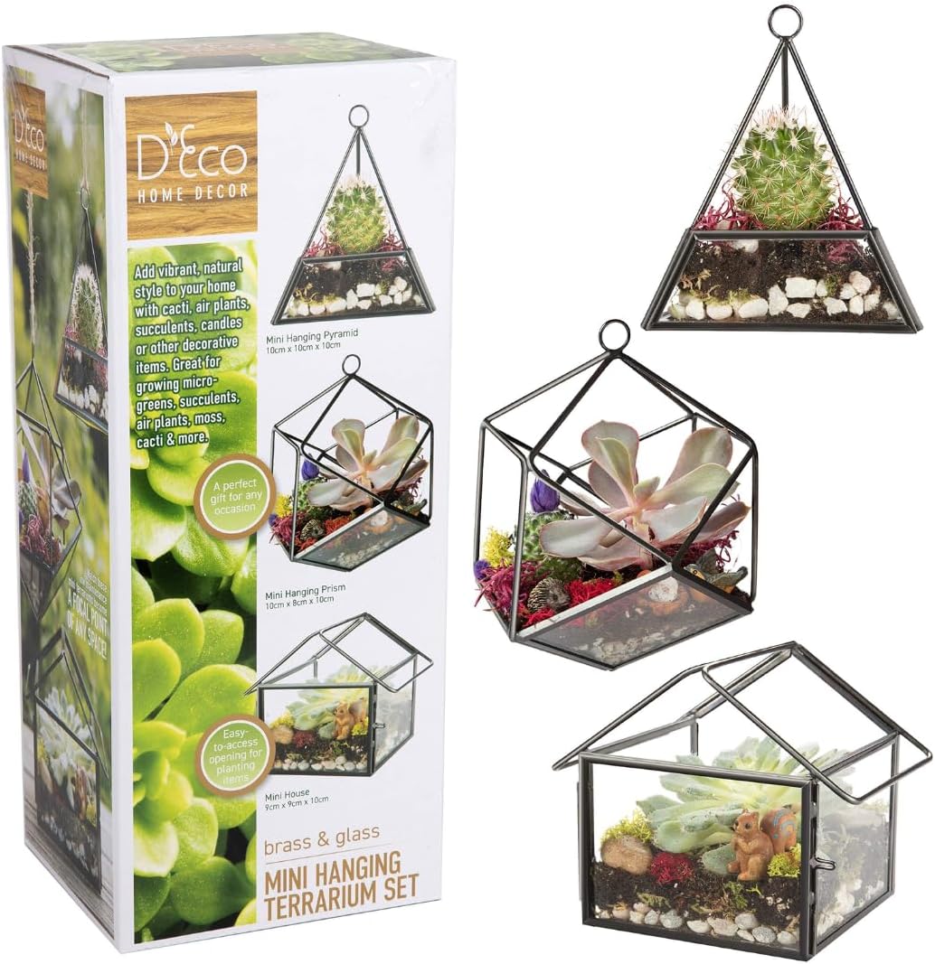 D'Eco Glass Mini Geometric Plant Terrariums 3 Pack - Triangle, House & Prism Planters for Spring Home Decor - Fill with Succulents, Cacti, Air Plants, Moss, Flowers for Plant Lovers