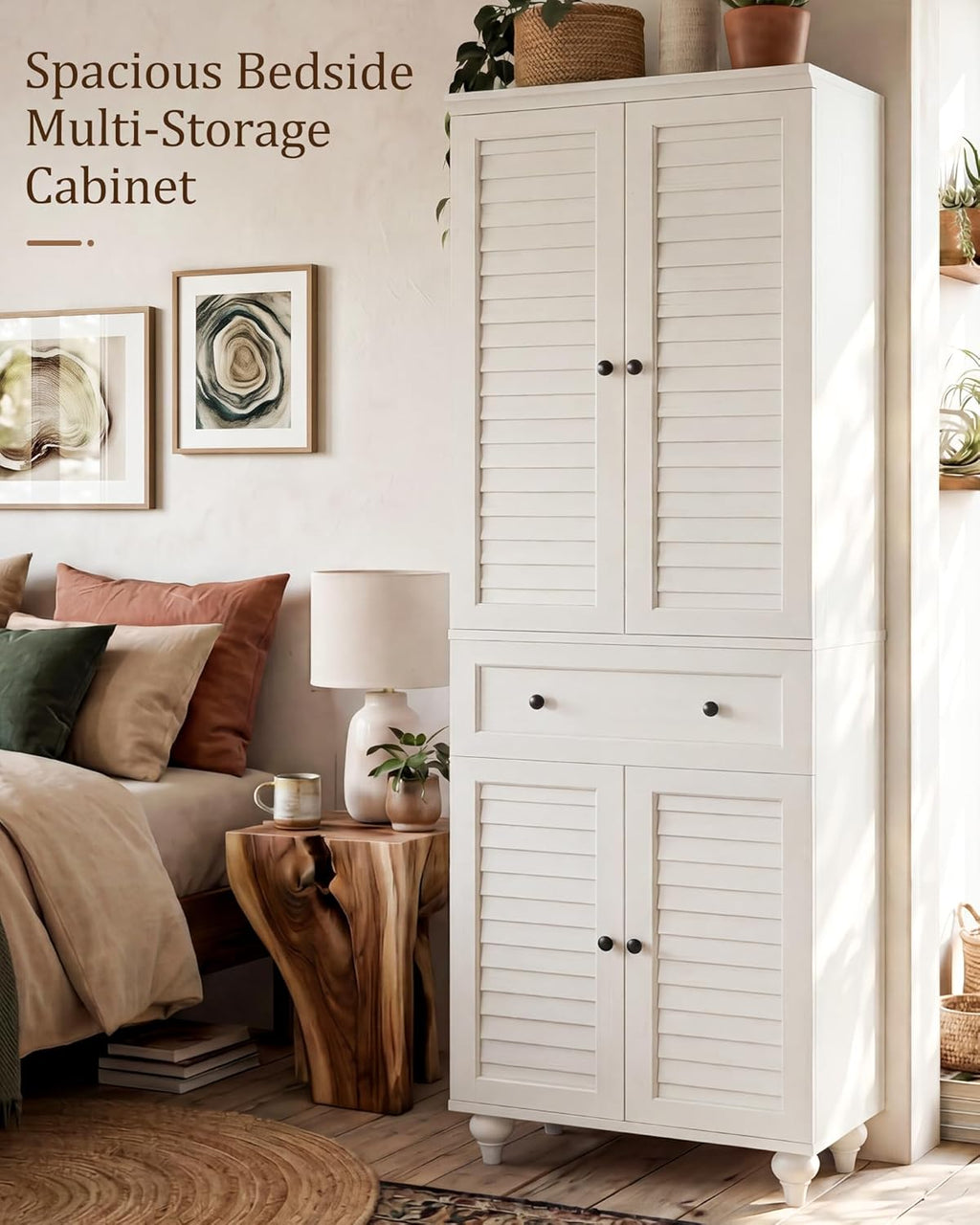 80" Tall Storage Cabinet with Louvered Doors and Adjustable Shelves, Farmhouse Kitchen Pantry Cabinet, Freestanding Storage for Dining Room, Living Room, Home Office, Bathroom, Rustic White