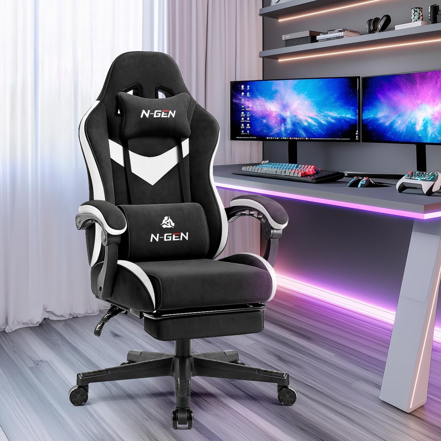 N-GEN GAMING Gaming Chair Video Game Computer Office Desk Use Ergonomic Reclining Backrest Adjustable Armrests Lumbar Support Footrest High Density Foam Breathable Fabric Heavy Duty Base (Black)